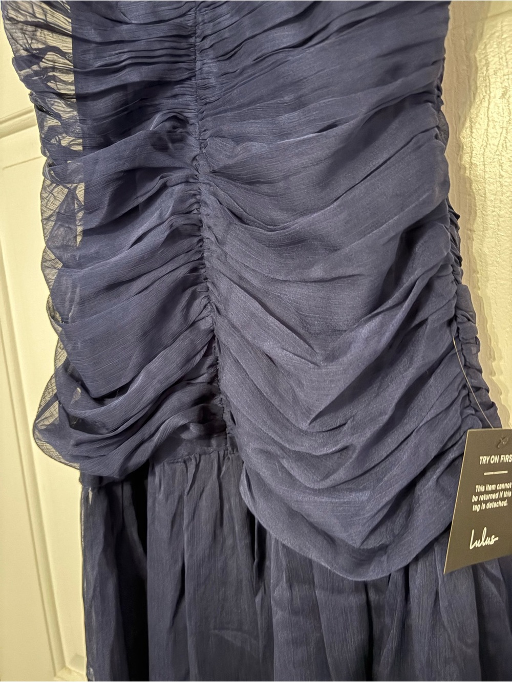 Lulu's Navy Ruched Spaghetti-Strap Maxi Gown - Picture 7 of 9